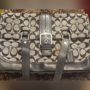 Coach Signature Canvas Shoulder Bag in Black and Cream